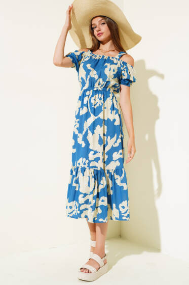 Kalın Askılı Volanlı Elbise İndigo - Yeni Giyim