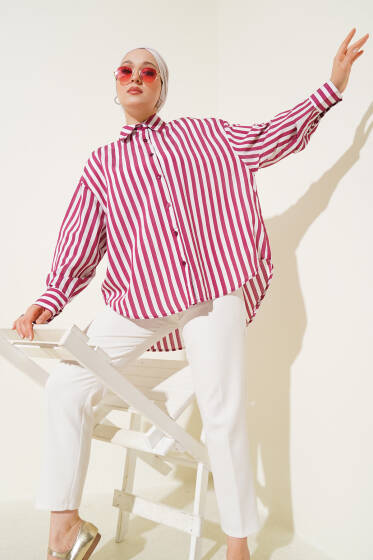 Kalın Çizgi Detaylı Oversize Gömlek Bordo - Gömlek