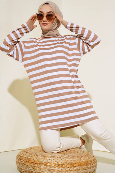 Kalın Çizgili Basic Tunik Camel - Tunik