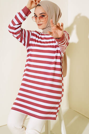 Kalın Çizgili Basic Tunik Gül Kurusu - Tunik