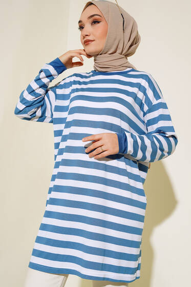 Kalın Çizgili Basic Tunik İndigo - Tunik