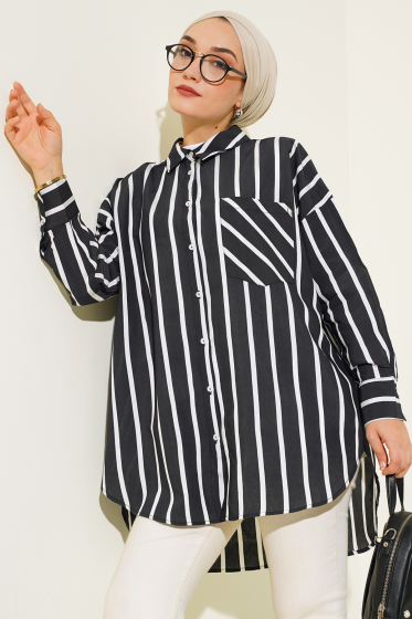 Kalın Çizgili Cepli Gömlek Siyah - Gömlek