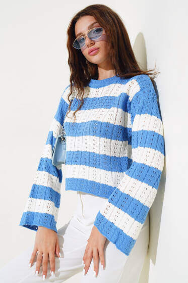 Kalın Çizgili Delikli Triko Kazak İndigo - Triko