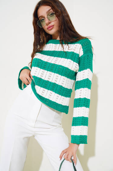 Kalın Çizgili Delikli Triko Kazak Zümrüt - Triko