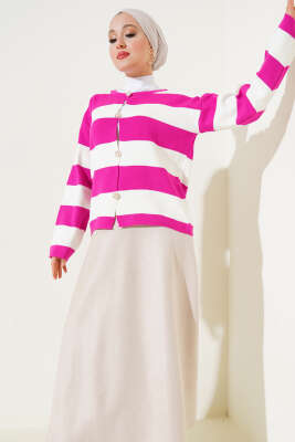 Kalın Çizgili Düğmeli Kısa Triko Hırka Fuşya - Triko Hırka