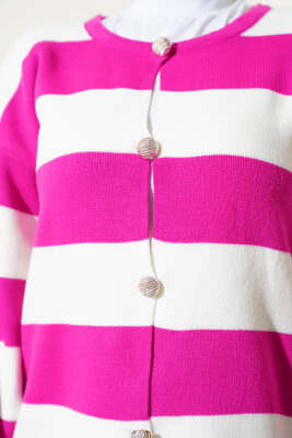 Kalın Çizgili Düğmeli Kısa Triko Hırka Fuşya - Triko Hırka