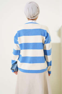 Kalın Çizgili Düğmeli Kısa Triko Hırka İndigo - Triko Hırka