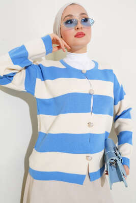 Kalın Çizgili Düğmeli Kısa Triko Hırka İndigo - Triko Hırka