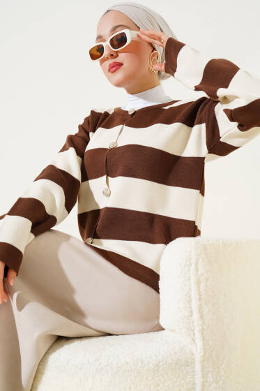 Kalın Çizgili Düğmeli Kısa Triko Hırka Kahve - Hırka