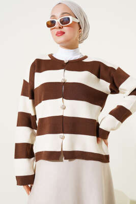 Kalın Çizgili Düğmeli Kısa Triko Hırka Kahve - Triko Hırka