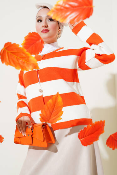 Kalın Çizgili Düğmeli Kısa Triko Hırka Oranj - Hırka