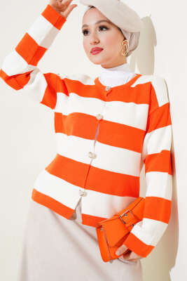 Kalın Çizgili Düğmeli Kısa Triko Hırka Oranj - Triko Hırka