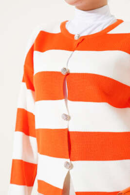 Kalın Çizgili Düğmeli Kısa Triko Hırka Oranj - Triko Hırka