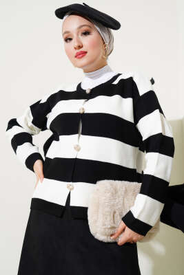 Kalın Çizgili Düğmeli Kısa Triko Hırka Siyah - Triko Hırka