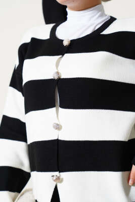 Kalın Çizgili Düğmeli Kısa Triko Hırka Siyah - Triko Hırka