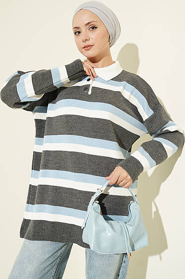 Kalın Çizgili Düğmeli Triko Tunik Füme - Tunik