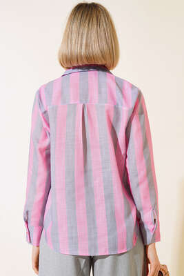 Kalın Çizgili Gömlek Pembe - Kadın Giyim Modelleri