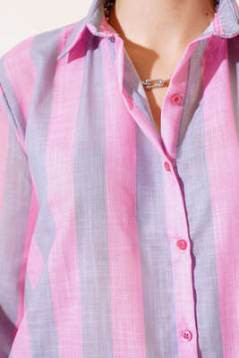 Kalın Çizgili Gömlek Pembe - Kadın Giyim Modelleri