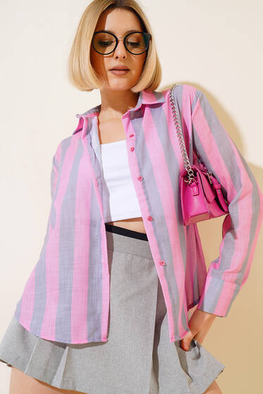 Kalın Çizgili Gömlek Pembe - Yeni Giyim