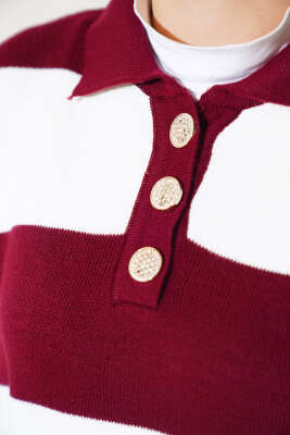 Kalın Çizgili Gömlek Yaka Triko İkili Takım Bordo - Triko İkili Takım