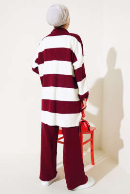 Kalın Çizgili Gömlek Yaka Triko İkili Takım Bordo - Triko İkili Takım