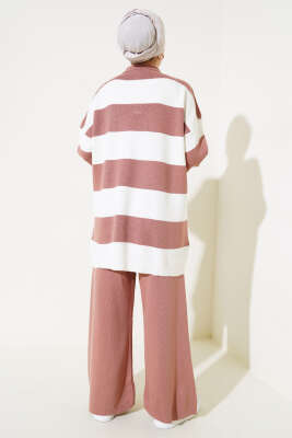 Kalın Çizgili Gömlek Yaka Triko İkili Takım Gül Kurusu - Triko İkili Takım