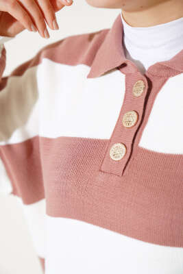 Kalın Çizgili Gömlek Yaka Triko İkili Takım Gül Kurusu - Triko İkili Takım