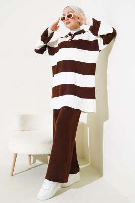 Kalın Çizgili Gömlek Yaka Triko İkili Takım Kahve - Triko İkili Takım