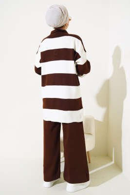 Kalın Çizgili Gömlek Yaka Triko İkili Takım Kahve - Triko İkili Takım