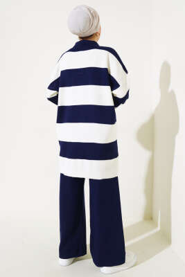 Kalın Çizgili Gömlek Yaka Triko İkili Takım Lacivert - Triko İkili Takım