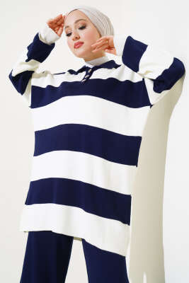 Kalın Çizgili Gömlek Yaka Triko İkili Takım Lacivert - Triko İkili Takım