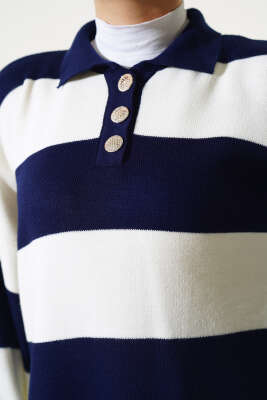 Kalın Çizgili Gömlek Yaka Triko İkili Takım Lacivert - Triko İkili Takım