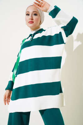 Kalın Çizgili Gömlek Yaka Triko İkili Takım Nefti - Triko İkili Takım