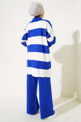 Kalın Çizgili Gömlek Yaka Triko İkili Takım Saks - Triko İkili Takım