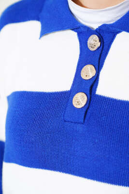 Kalın Çizgili Gömlek Yaka Triko İkili Takım Saks - Triko İkili Takım