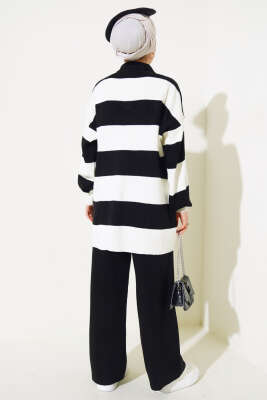 Kalın Çizgili Gömlek Yaka Triko İkili Takım Siyah - Triko İkili Takım