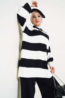 Kalın Çizgili Gömlek Yaka Triko İkili Takım Siyah - Triko İkili Takım