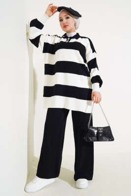 Kalın Çizgili Gömlek Yaka Triko İkili Takım Siyah - KILIÇ TRİKO