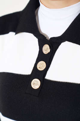 Kalın Çizgili Gömlek Yaka Triko İkili Takım Siyah - Triko İkili Takım