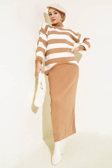 Kalın Çizgili Jile Triko İkili Takım Büsküvi - İkili Takım