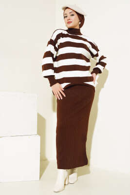 Kalın Çizgili Jile Triko İkili Takım Kahve - Triko İkili Takım