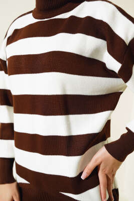 Kalın Çizgili Jile Triko İkili Takım Kahve - Triko İkili Takım