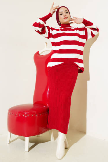 Kalın Çizgili Jile Triko İkili Takım Kırmızı - İkili Takım
