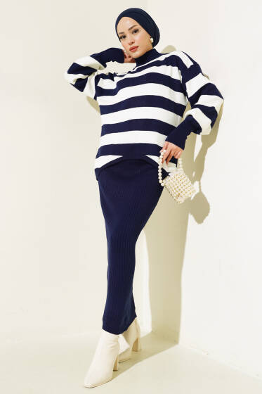 Kalın Çizgili Jile Triko İkili Takım Lacivert - İkili Takım