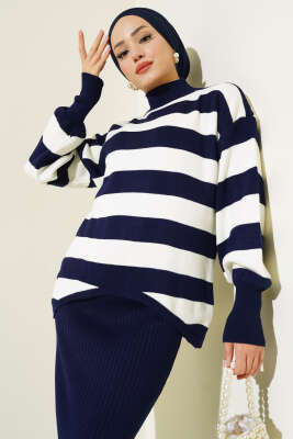 Kalın Çizgili Jile Triko İkili Takım Lacivert - Triko İkili Takım