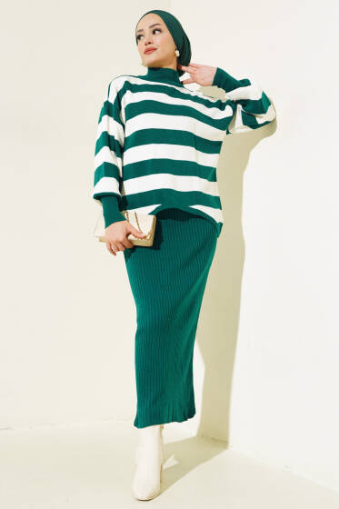 Kalın Çizgili Jile Triko İkili Takım Nefti - İkili Takım