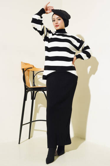 Kalın Çizgili Jile Triko İkili Takım Siyah - İkili Takım