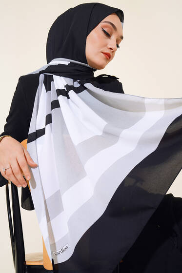 Kalın Çizgili Medine Şal Siyah Gri - Başörtüsü