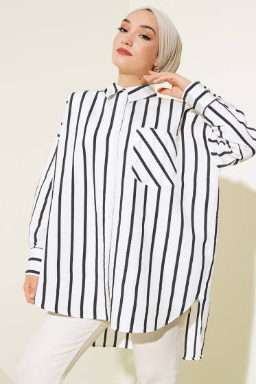 Kalın Çizgili Oversize Gömlek Siyah - Gömlek