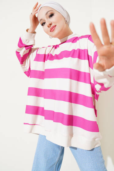 Kalın Çizgili Oversize Tunik Fuşya - Tunik